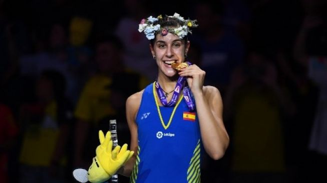 Pebulutangkis Spanyol Carolina Marin meraih medali emas Kejuaraan Dunia Bulutangkis 2018 yang berlangsung di China. [AFP]