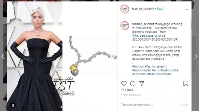 Lady Gaga pakai kalung senilai lebih dari Rp400 miliar. (Instagram/@fashion_selebrit)