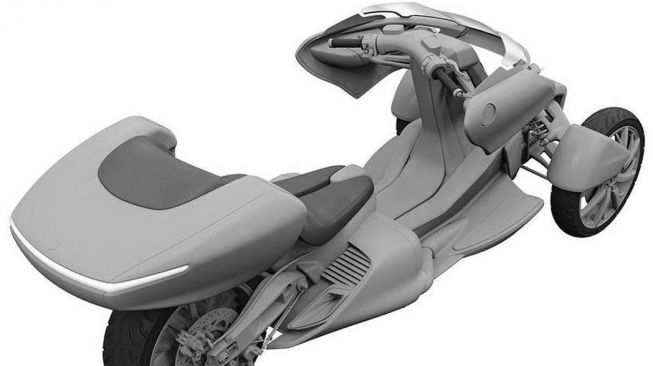 Penampakan belakang gambar paten motor roda tiga Yamaha (Motorbeam)