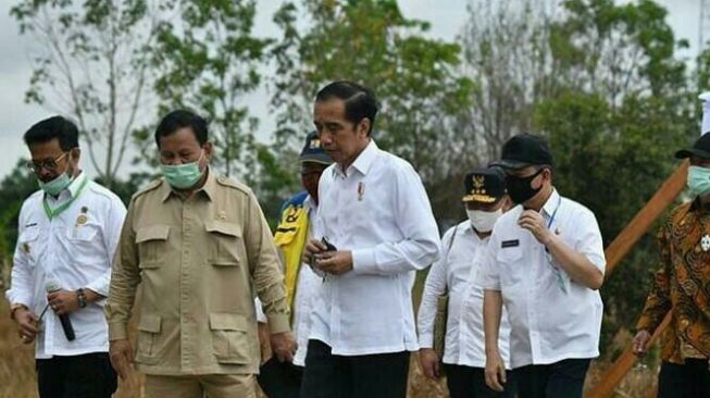 Presiden Joko Widodo (Jokowi) didampingi Menteri Pertahanan Prabowo Subianto bersama rombongan meninjau Food Estate di Kapuas, Kalteng, Kamis (9/7/2020). [Foto: kanalkalimantan.com]