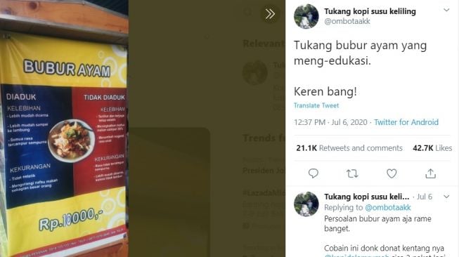 Spanduk unik tukang bubur . [Twitter]