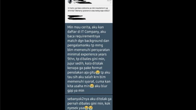 Curhatan pelamar kerja yang ditolak dengan pesan bernada pedas. (Twitter/@hrdbacot)