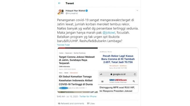 Hidayat Nur Wahid alias HNW mengaku sangat kecewa dengan melonjaknya kasus COVID-19 (Twitter)