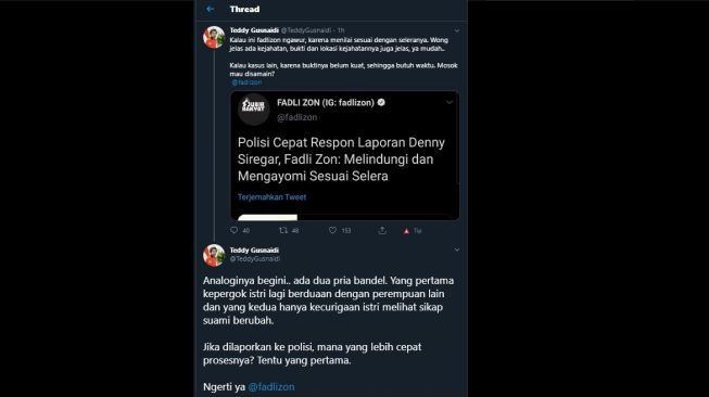 Cuitan Teddy Gusnaidi yang menganggap Fadli Zon ngawur soal kasusu pembobolan data Denny Siregar. (Twitter/@TeddyGusnaidi)