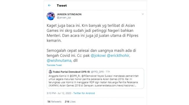 Jansen Sitindaon Kaget Honor Panitia Asian Games Belum Lunas (Twitter)