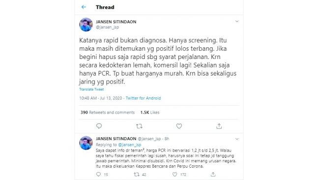 Jansen Sitindaon usul rapid test dihapus dari syarat perjalanan penumpang (Twitter)