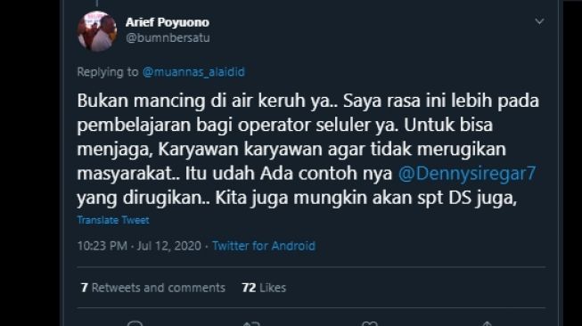 Cuitan Arief Poyuono soal gugatan 15 triliun kepada Telkomsel. (Twitter/@bumnbersatu)