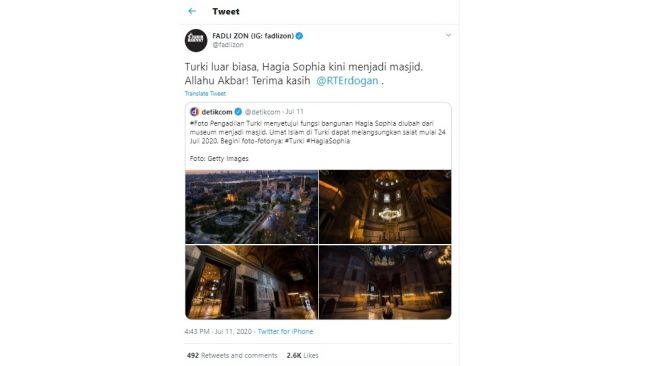 Fadli Zon terima kasih ke Erdogan, Hagia Sophia kembali jadi masjid (Twitter)