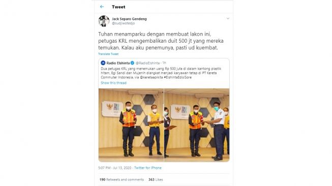 Sujiwo Tejo menanggapi petugas KRL jujur yang temukan uang Rp 500 juta (Twitter)