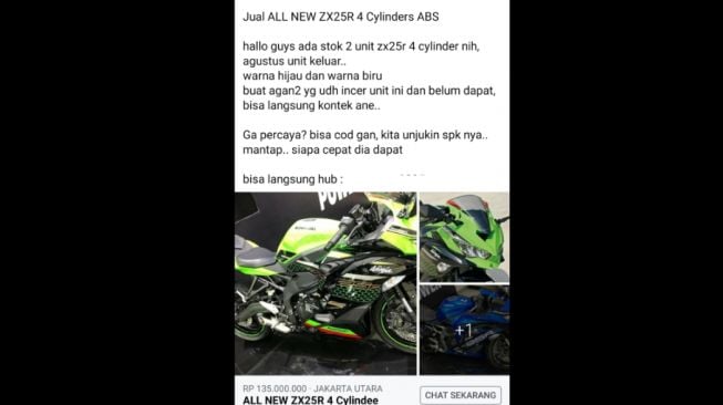 Pengumuman penjualan Kawasaki Ninja ZX-25R SE via media sosial [Facebook screenshot].