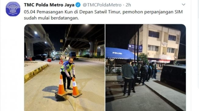 Suasana pemohon bersiap antri perpanjangan SIM sudah terpantau sekitar pukul 05.00 WIB tadi pagi [screenshot Twitter @TMCPoldaMetro].