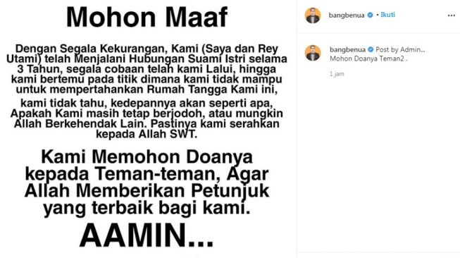 Unggahan Pablo Benua soal rumah tangganya dengan Rey Utami [Instagram/@bangbenua]