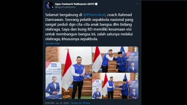 Unggahan AHY menyambut bergabungnya Rahmad Darmawan ke Partai Demokrat. (Twitter/@AgusYudhoyono)