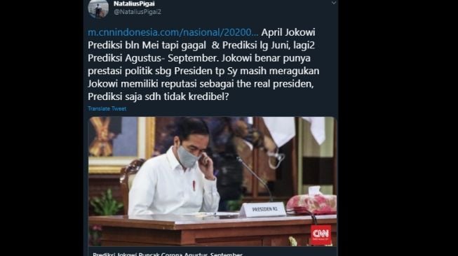 Cuitan Natalius Pigai mendapati pernyatan Jokowi soal prediksi puncak corona di bulan Agustus. (Twitter/@NataliusPigai2)