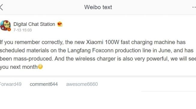 Postingan bocoran fast charging Xiaomi. [Weibo]