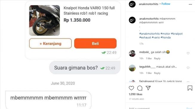 Jawaban kocak penjual saat ditanya pembeli suara knalpot (Instagram)