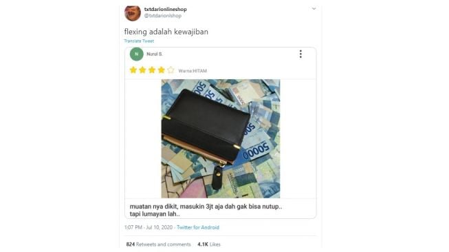 Ulasan belanja online beli dompet kekecilan. [Twitter]