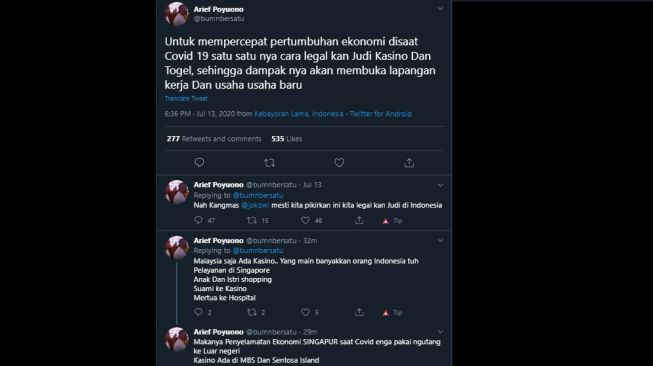 Cuitan Arief Poyuono mengusulkan legalisasi judi dan togel. (Twitter/@bumnbersatu)