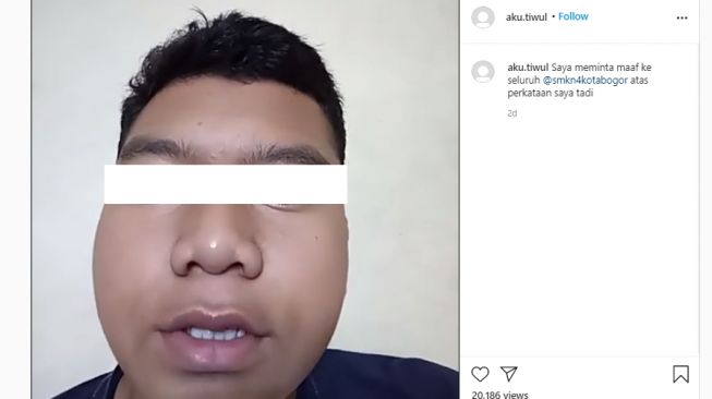 Video permintaan maaf oknum penulis komentar jorok di siaran Instagram SMKN 4 Kota Bogor. (Instagram/@aku.tiwul)