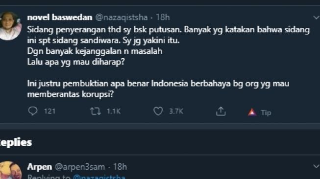 Cuitan Novel soal sidang putusan vonis terhadap pelaku penyiraman air keras. (Twitter/@nazaqistsha)