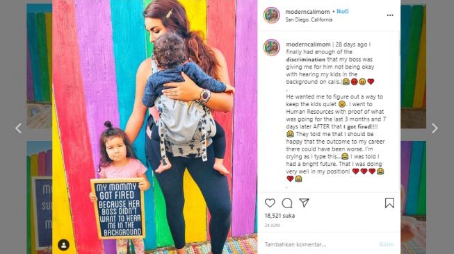 Ibu dua anak dipecat karena bos tak suka anak-anaknya berisik saat WFH. (Instagram/@moderncalimom)