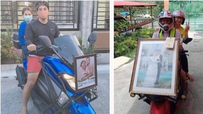 Viral pemotor memasang foto pernikahan di motor (Elite Readers)