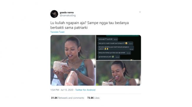 Postingan warganet membantu orang tua disebut Patriarki. [Twitter]