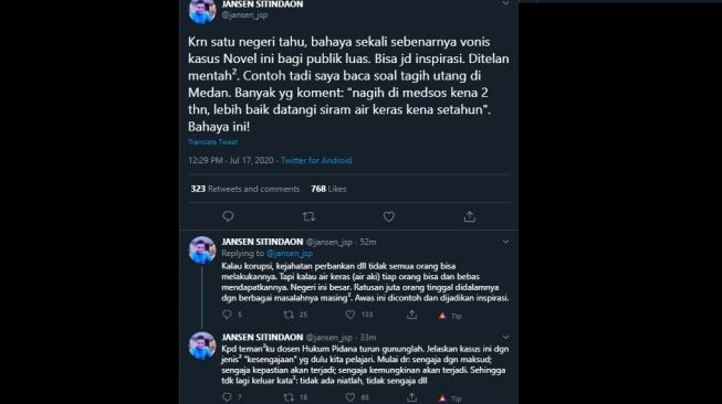 Cuitan Jansen Sitindaon meminta para akademisi hukum turut menanggapi kasus Novel Baswedan. (Twitter/@jansen_jsp)