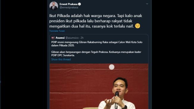 Cuitan Ernest Prakasa menanggapi majunya Gibran Rakabuming Raka sebagai Calon Wali Kota Solo. (Twitter/@ernestprakasa)