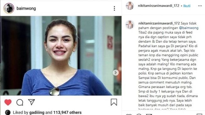 Nikita Mirzani balas unggahan Baim Wong. [Instagram]