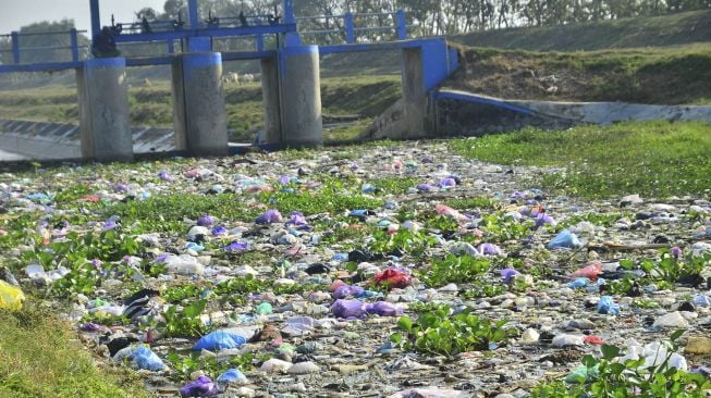 Sampah plastik memenuhi saluran irigasi di Desa Brakas, Dempet, Demak, Jawa Tengah (18/7/2020). [ANTARA FOTO/Yusuf Nugroho]