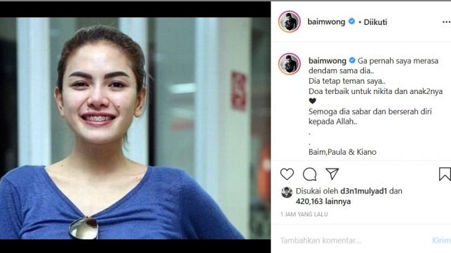 Baim Wong mengunggah foto Nikita Mirzani dan mendoakan janda tiga anak tersebut. [Instagram]