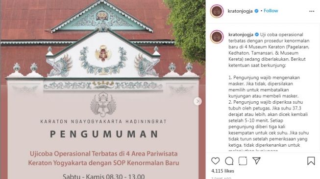 Pengumuman Keraton Yogyakarta (Instagram.com/@kratonjogja)