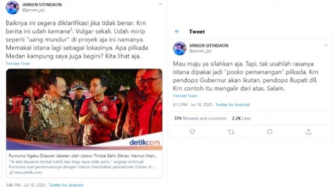 Jansen Sitindaon mengomentari isu tawaran jabatan dari Presiden Jokowi untuk Ahmad Purnomo sebagai timbal balik (Twitter)