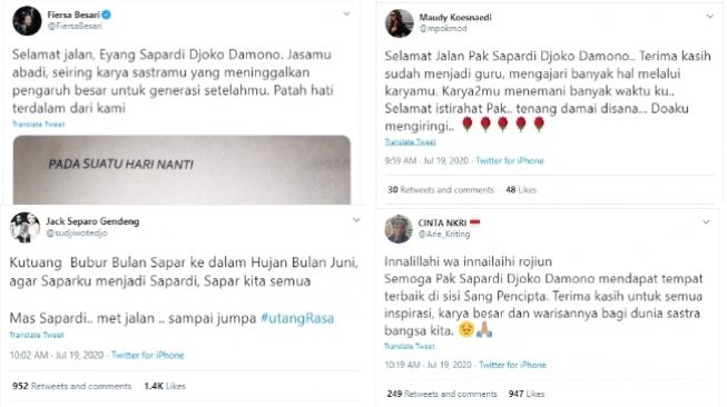 Ucapan duka cita untuk kematian Sapardi Djoko Damono (Twitter)