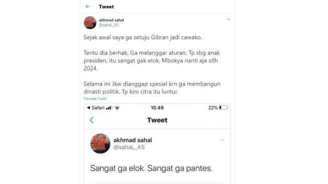 Akhmad Sahal atau Gus Sahal tidak setuju Gibran Rakabuming maju sebagai Calon Walikota di Pilkada Solo 2020 (Twitter)