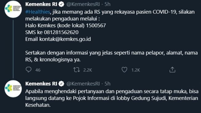 Punya Bukti RS Rekayasa Kasus Covid-19, Lapor Ke Kemenkes Sekarang Juga!