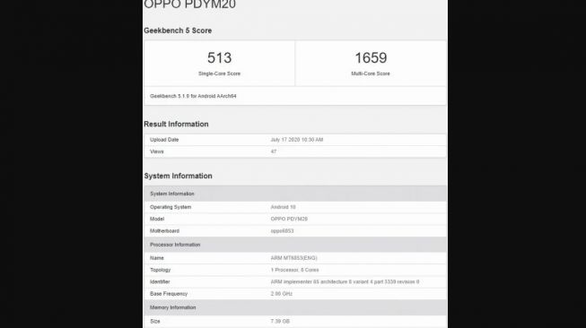 Bocoran Geekbench Oppo A72 5G. [Gizchina]
