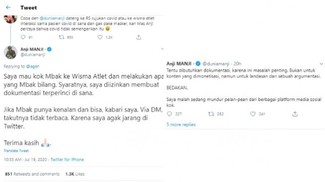 Tak Percaya COVID-19 Mengerikan, Anji Ditantang ke Wisma Atlet Tanpa Masker (Twitter)