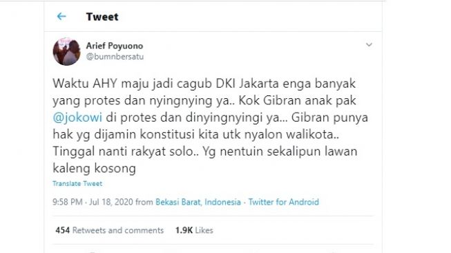 Arief Poyuono membandingkan pencalonan AHY dan Gibran (Twitter)