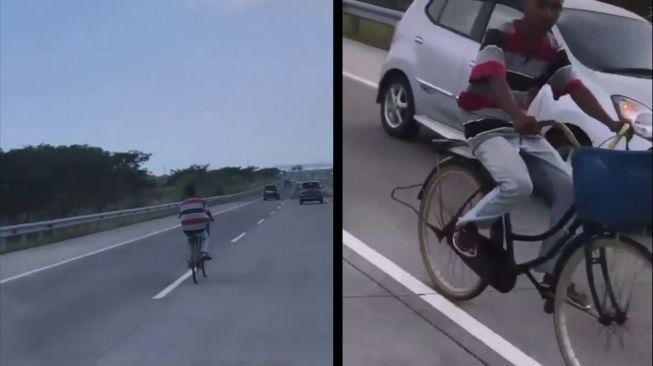 Aksi Santuy Pria Gowes Sepeda di Jalan Tol Cipali