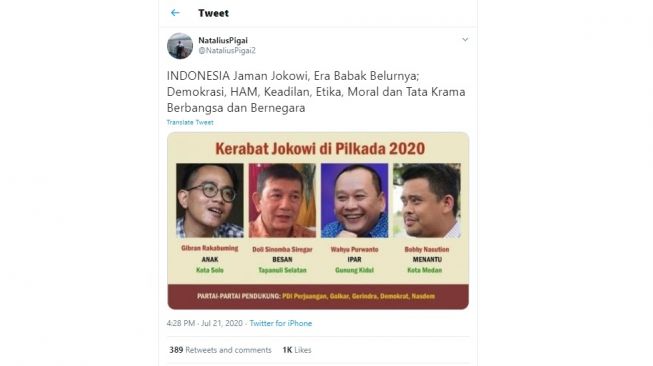 Natalius Pigai menanggapi kerabat Jokowi yang ikut Pilkada 2020 (Twitter)