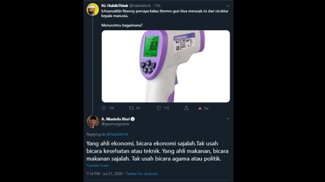 Cuitan Gus Mus menanggapi pernyataan Ichsanuddin Noorsy soal thermogun merusak isi kepala.(Twitter/@gusmusgusmu)