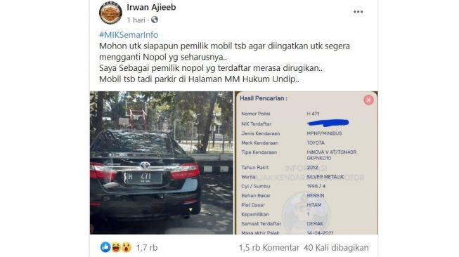 Bukti tangkapan layar pengunggah tentang pelat nomor yang sama (Facebook)