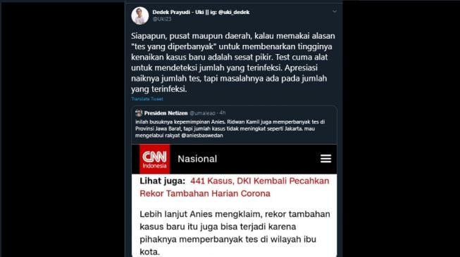 Cuitan Dedek Uki mengomentari rekor tambahan kasus corona di DKI Jakarta. (Twitter/@uki23)