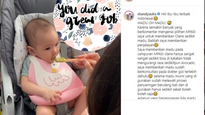 Shandy Aulia memberikan MPASI pada bayinya berupa madu (Instagram/@shandyaulia)