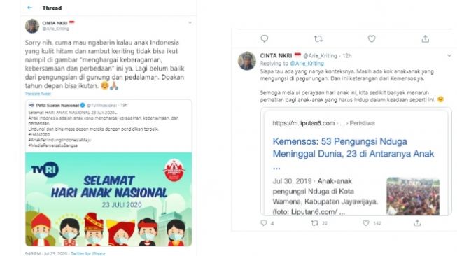 Arie Kriting Sindir TVRI, Sosok Anak Papua Tidak Ada di Poster Hari Anak (Twitter)