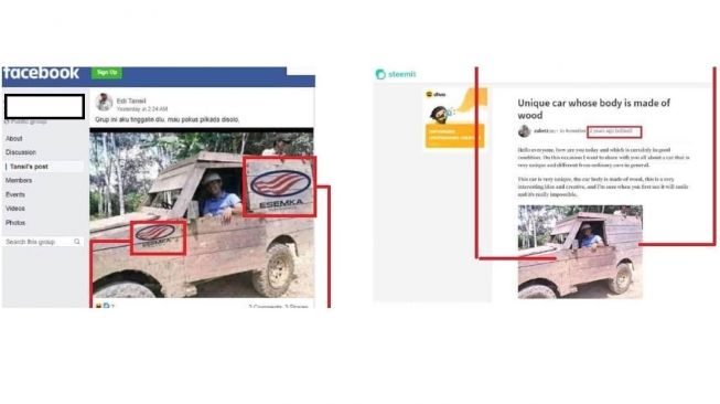 Perbedaan foto asli dengan foto editan mobil Esemka (Facebook)