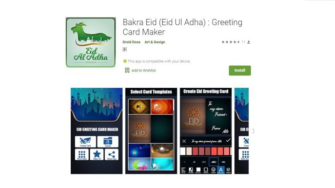Aplikasi Kartu Ucapan Sambut Idul Adha, Bakra Eid (Eid Ul Adha) : Greeting Card Maker. [Google Play Store]