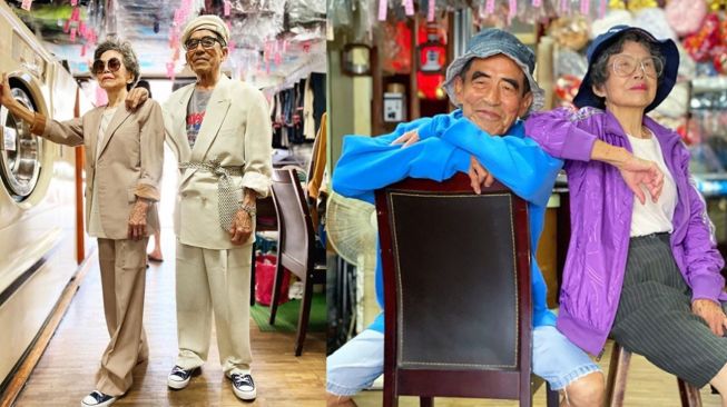 Kakek nenek bergaya modis dengan pakaian Laundry yang ditinggalkan pelanggan. (Instagram @wantshowasyoung)